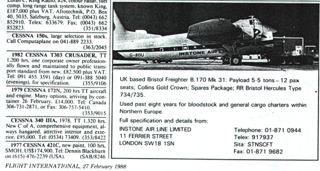 Bristol Type 170 G-BISU for sale in Flight International 27 February 1988