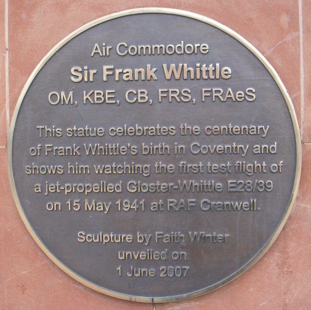 Just outside Pool Meadow Coach Station was a welcome link between Coventry and Gloucester - a statue of Air Commodore Sir Frank Whittle OM, KBE, CB, FRS, FRAeS by Faith Winter.  The larger than life statue was unveiled on 1 June 2007 - the centenary of Sir Frank's birth in Coventry and shows the father of the jet engine watching the first test flight of the Gloster-Whittle E28/39 at RAF Cranwell.