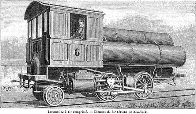 Illustrating the report was this drawing of an 0-4-2 locomotive with cylinders under the wooden framed driving cab and what looked like three pressure vessels although the text mentioned four steel storage cylinders of 910mm diameter holding 13 square metres of air pressurised to 42 Kg/ Cm squared.  The air apparently passed through a vertical bouillotte heated to 90 degrees celsius and thence to the cylinders through a reducing valve and throttle designed to maintain 9 atmospheres at the piston face.  Meyer valve gear and regenerative braking were fitted and gave the locomotive a 13 Km range.