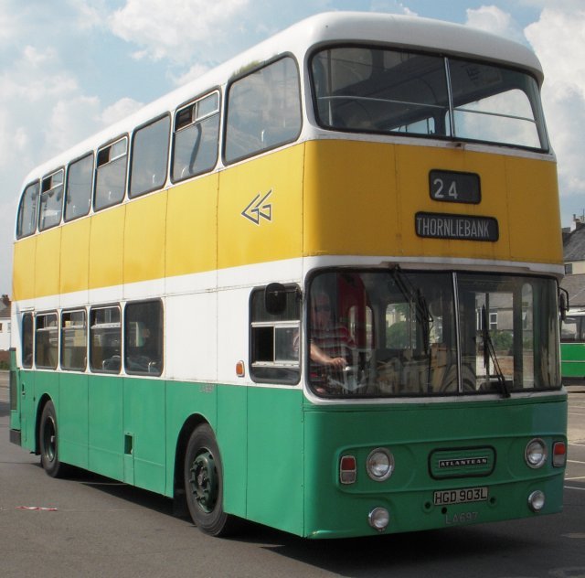 New to Glasgow Corporation in June 1973 with its Panoramic windows, HGD 903L was one of the first Atlanteans to receive the new Greater Glasgow Passenger Transport Executive livery of Verona Green, Goldcup Yellow and Snowdrift White in which it is now preserved. Withdrawn from passenger service in 1980, it survived as a training vehicle until 1997 and was preserved by Mr Carroll of Bristol in 1998 as the last surviving dual door bus from this era. It was also used in the making of Peter Mullan's award winning film "Neds", looking back at Glasgow's non-educated delinquents of the 1970s, released in January 2011.