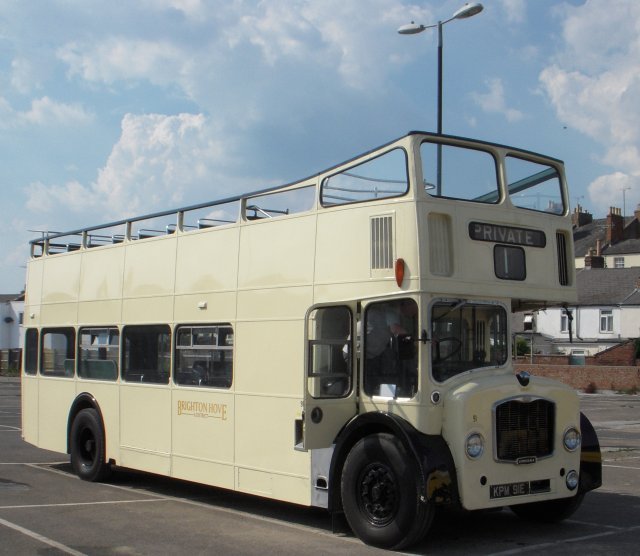 KPM 91E was new to Brighton & Hove District as a closed top double decker bus with a high ratio axle but was then sent to Scotland as part of the VRT/FLF exchanges, becoming Eastern Scottish fleet number AA971. It was based at Broxburn and Edinburgh and was the last FLF in service when it retired in its original form in 1983. Soon afterwards converted to an open top bus, it saw little service and was later sold to Ian Manning and Sholto Thomas of Stagecoach West, who operate it in service today.