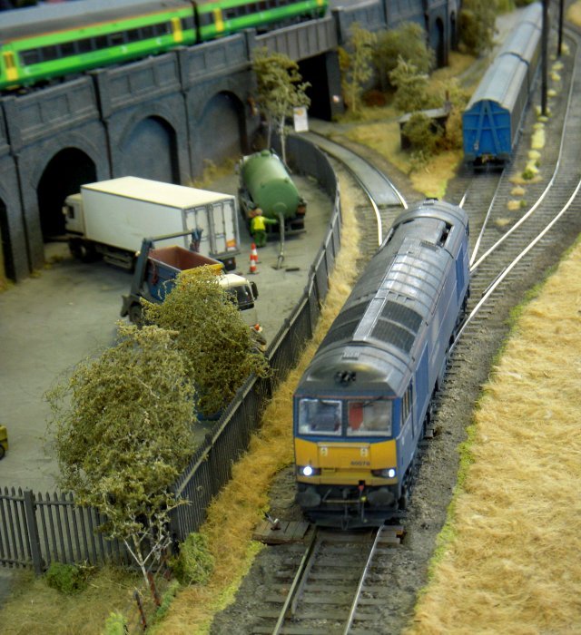 Set in the EWS era of the early years of the 21st Century, the upper level of Anderstaff Yard was a truncated passenger line with a shuttle service of modern DMUs into the terminus at the left, while the lower level featured a yard handling steel goods and engineer's trains.  The layout was offered for sale at the end of the exhibition and has happily been bought by a pair of local enthusiasts - so we may be seeing it at St Margaret's Hall again in the future.
