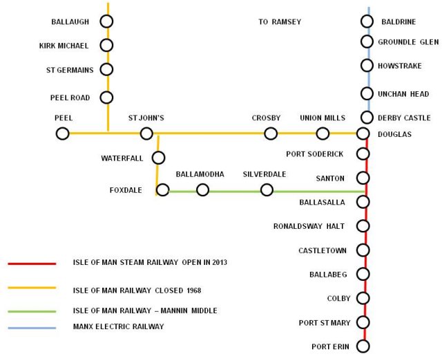 Mannin Middle assumes that the Foxdale Branch had been extended southwards to form a junction with the southern line at Ballasalla.  Although passing through a largely rural area which did not contribute much passenger traffic, the route would have been useful as a means of travelling from the south to the north of the island avoiding Douglas.