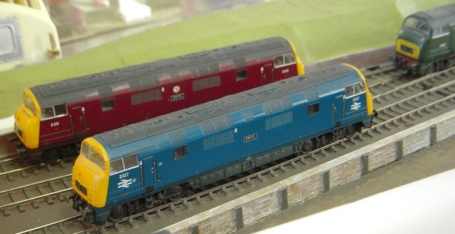 What a difference a year makes!  The 2mm finescale Warship diesel hydraulics looked just as good but the scenery of their diorama was now complete.