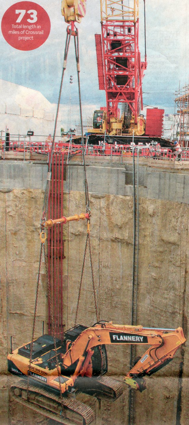 The black painted chain was used to simply tension the crane hook cabling - although the correct way to unload an earthmover by crane - with multiple chains, steel cable and a spreader bar - was illustrated by the Daily Telegraph on 23 September 2012 when a much bigger caterpillar tracked machine was lowered into a shaft in the east end of London prior to excavation work on the Crossrail infrastructure project.