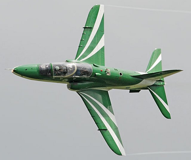 The green and white Saudi Hawks formation team - supported by the Hercules seen arriving beyond the heads of the crowd in the video - fly BAe Systems Mark 65 Hawks and belong to 88 Squadron RSAF based at King Faisal Air Base, Tabuk.