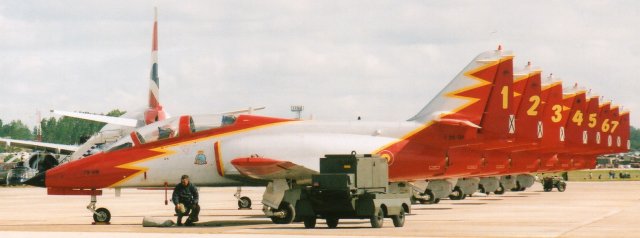 At the other end of the learning curve was Patrulla Aguila - Eagle Patrol - of the Spanish Air Force, based at San Javier airbase near La Manga, Murcia and famous both for their formation takeoffs and landings and for being the only jet aerobatic display team to use yellow smoke.  The numerical sequence above was captured at Fairford in 2002.