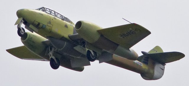 Fittingly, the last aircraft that I recorded taking off from Fairford was Britain's oldest flying jet: 1949 built Gloster Meteor T7 WA591, now entered on the British civilian register as G-BWMF which stands for Great Britain Whittle and Meteor Flight.