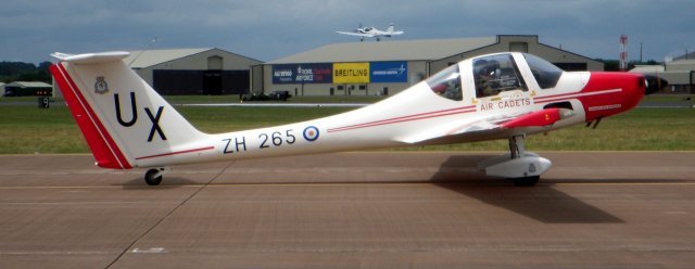 Pictured below meanwhile is Grob 109B ZH265, a self launching motor glider first flown in 1980 and known in RAF Air Cadet Volunteer Gliding Squadron service as the Vigilant T1.  Like the Tutor, the instructor and student seats are side by side although access is via individual gull wing doors rather than a one piece canopy as originally designed.  The Vigilant also has a T-tail, rear wheel undercarriage and a Grob engine based on a Volkswagen car unit.