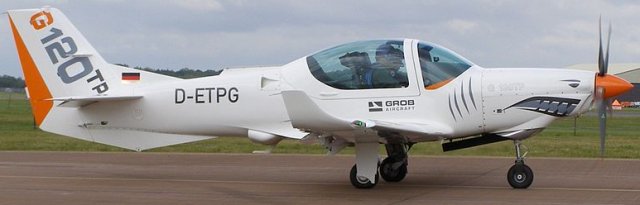 Also on show at Fairford - and captured in the same frames as the Avro Vulcan take off sequence among others - was Grob-Werke's own turboprop G-120 TP development of the Tutor.  This largely white aircraft with shark's mouth nose markings bore the constructor's number 8562 and the German civilian registration D-ETPG.  It is also remarkable for being fitted with lightweight Israeli built ejection seats.