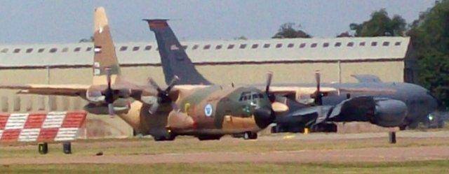 Both as support aircraft for jet display teams and as exhibits in their own right, Lockheed C-130 Hercules have had a long association with the Royal International Air Tattoo.  Recorded flying above the heads of the crowd as it came in to land, for example, was HZ-128, an L-100-30 Hercules of the Saudi Arabian Royal Flight.
