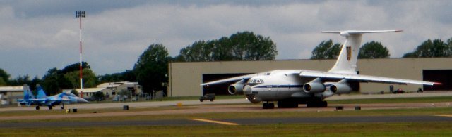 Having seen the Red Arrows and Gloster Meteor T7 G-BWMF take off and making our way back to Townsend Farm, the last view that Paul, Stephanie and I had of RIAT in 2011 was of  Sukhoi Su-27 fighter 75 ( constructor's number 96310418207 ) and Ilyushin Il-76 transport UR78820 from the Ukrainian Air Force. 