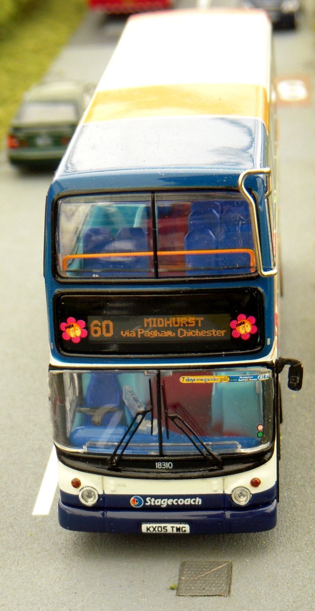 As the title would suggest, the Southdowns Bus Rally and Vintage Show would not have been complete without a selection of PSVs ranging from single deck bonneted Bedford OBs to Leyland Nationals and beyond.  And on the road defining the outer edge of the showground was Stagecoach fleet number 18310 - registration KX05 TWG - a 2005 vintage Dennis Trident 2 with an Alexander ALX400 double deck body forming Service 60 to Midhurst via Pagham and Chichester.