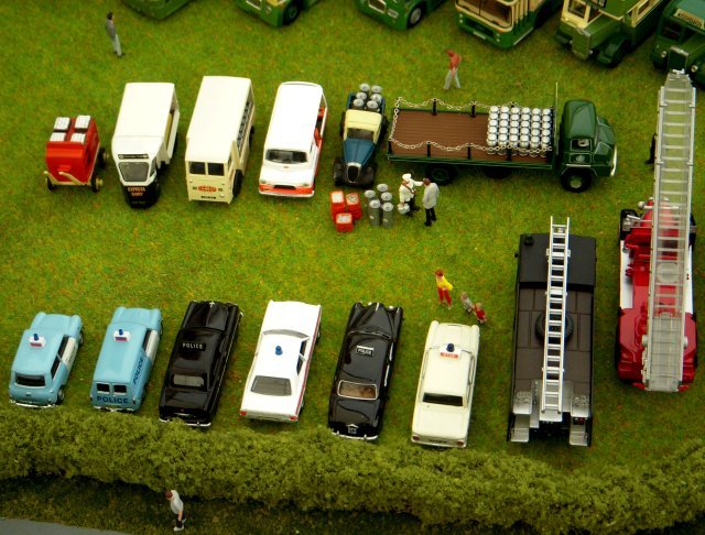 Just like real vintage vehicle shows, Military and Emergency Services were well represented on Vincent's diorama with a number of police cars lined up opposite the milk floats - obviously aware of how cholesterol can kill!