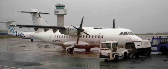 Having crossed the North Welsh coast near Colwyn Bay however, Flight NM601 then encountered the rain that enfolded the Isle of Man that day - in contrast to the fair weather that Gloucestershire was enjoying.  Despite this however - and my ears feeling like they had been stabbed with Stanley knives - D-ILKA touched down at Ronaldsway Airport ahead of schedule, permitting views of G-LNKS, BAe Jetstream 31 "Connie May" of Humberside based Links Air Service (above, from inside D-ILKA) and of Aer Lingus's ATR 42-300 EI-CPT (bearing the Franco-Italian constructor's number 191). Also pictured below from the Arrivals side of the terminal was De Havilland Canada DHC-8-402Q Dash 8 G-FLBA of Exeter based Flybe, Europe's largest regional airline which evolved from Jersey European Airways.