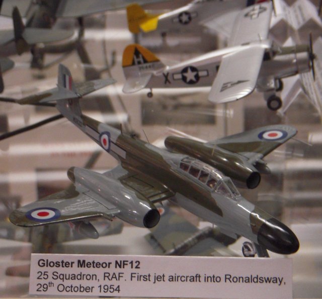 a 1/72 scale representation of WS622, the Armstrong Whitworth assembled Meteor Night Fighter 12 of 25 Squadron RAF which, on 29 October 1954, became the first jet aircraft to land at Ronaldsway.