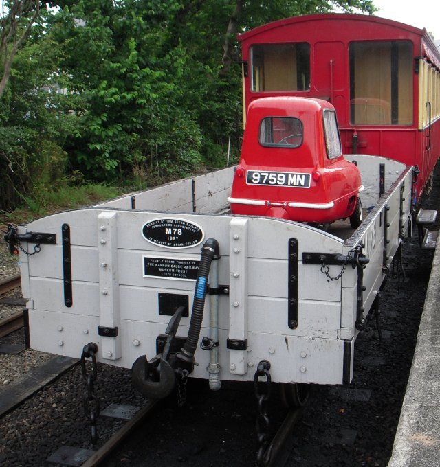 Carrying Peel P50 9759MN was M78, one of a 78 strong class of six ton two plank ballast and goods wagons and one of the first restoration projects undertaken by the Isle of Man Steam Railway Supporter's Association in 1997.  The frame timbers were financed by the Narrow Gauge Railway Museum Trust, based at the Talyllyn Railway's Wharf Station at Tywyn, Gwynnedd.