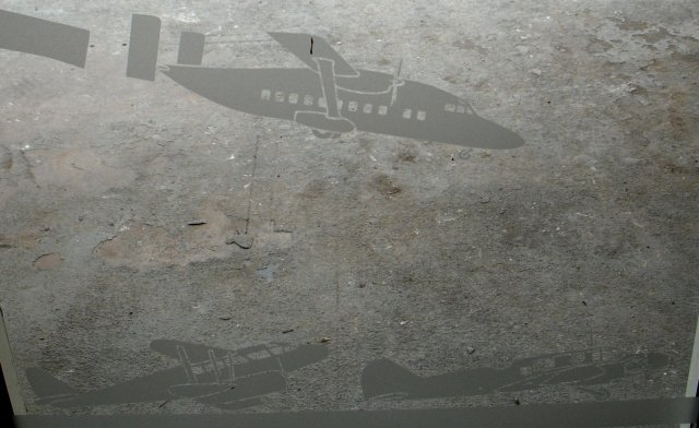 Other Manx related aircraft immortalised in the etched glass of the airport windows included the de Havilland Rapide biplane, Avro Anson and  the high winged, twin tailed Short 330 aircraft I remember watching fly to the Isle of Man from Staverton.