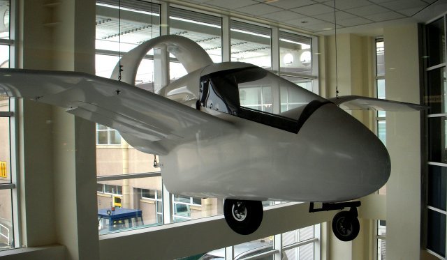 After checking in to the Manx 2 desk downstairs before the 1615 deadline, a much more modern but equally intriguing aircraft was to be found hanging from the ceiling upstairs near the restaurant at Ronaldsway.  Combining some of the moulding techniques of the Peel car with a tail-less design, the Eiderduck was an unflown composite and carbon fibre concept monoplane powered by a two stroke petrol engine with vanes moving within its rear fan duct to give directional control.