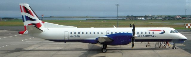 Another limited-production twin engined turboprop conceived in the 1980s and derived from an earlier design was Saab 2000 G-CDEB of British Airways.  First flown on 26 March 1992, the 2000 had a 15% greater wingspan than the Saab 340 and being over 24' 9" longer could accommodate 58 passengers.  Designed to fly at near jet speed with proved turboprop efficiency, the 2000 was also the first commercial aircraft to use 4 591 shp Allison (later Rolls Royce) AE 2100 engines driving to a slow turning six bladed Dowty Rotol propeller, the Gloucestershire company having fitted the World's first  composite propeller to the Saab 340