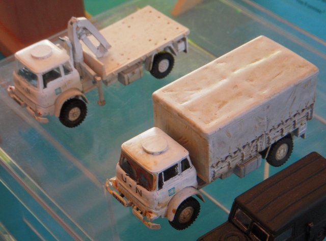 Jumping ahead sixty years however, those modelling the British Army of the 1970s are much better served with the kits in the Airfix range first moulded by JB.  Classic examples of these are the Bedford MK 4x4 lorries fully described as part of the Joint Harrier Strike Force but seen above in weathered off-white United Nations markings.  In particular I admired the flat bed MK with Hiab type crane and hydraulic stabilisers.
