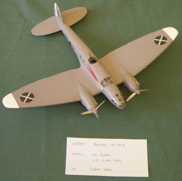 The first production models ( as modelled above by Robert Hepple from the 1/72 scale Roden kit ) had an orthodox stepped windshield and an elliptical wing - as favoured by designers, Siegfried and Walter Gunter - although the turning point for the bomber version of the He 111 was the installation of 1,000 hp Daimler Benz DB 600A engines in 1936. The first two mass-production versions, He 111E and F experienced great success with the Condor Legion during the Spanish Civil War and were able to outrun many of the fighters sent against them.