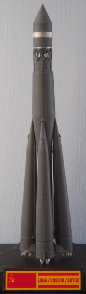 The 1/144 scale R-7 is presented ready to launch an unmanned Luna probe. In 1959 Luna 2 became the first man made object to impact the Moon while Luna 3, launched on 4 October that year took the first pictures of the dark side of the Moon – just two years after a similar R-7 launched the first Earth satellite, Sputnik 1. On 3 February 1966 Luna 9 became the first spacecraft to soft land on the Moon – sending back TV pictures and cosmic ray data from a shallow crater within the Ocean of Storms – while Luna 15 would have sent a sample of Moon rock back to Earth ahead of Apollo 11 had it not crashed on the Lunar surface in 1969.